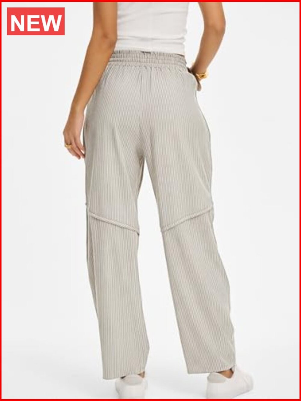 Womens Striped Barrel Casual Pants Elastic Drawstring Wide Leg Trousers with - Picture 6 of 7